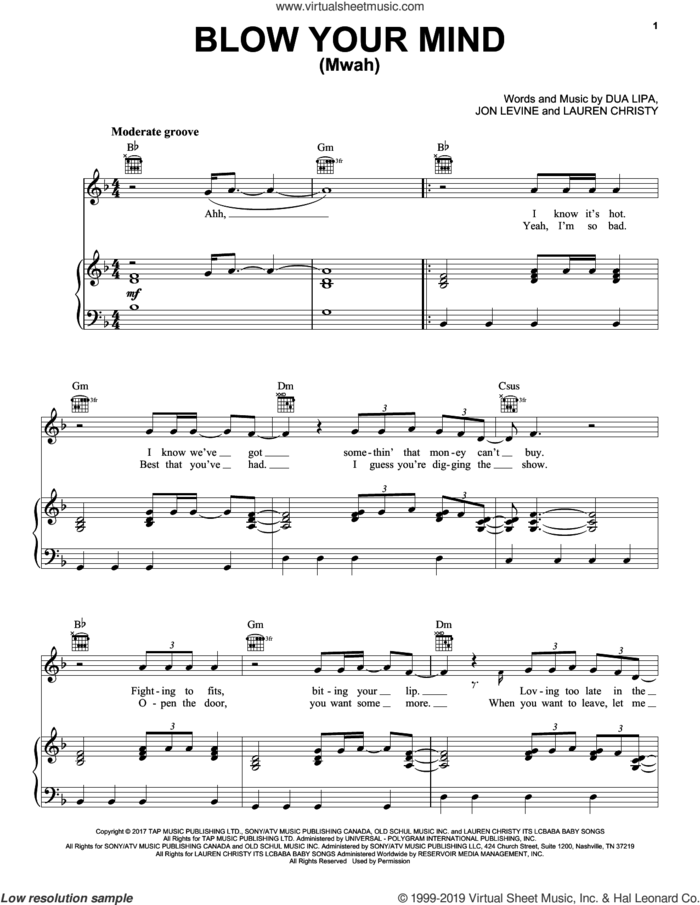 Blow Your Mind (Mwah) sheet music for voice, piano or guitar by Dua Lipa, Jon Levine and Lauren Christy, intermediate skill level
