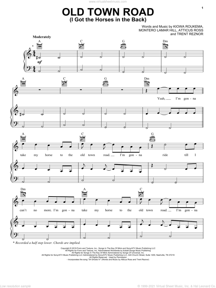Old Town Road (I Got The Horses In The Back) sheet music for voice, piano or guitar by Lil Nas X, Lil Nas X feat. Billy Ray Cyrus, Atticus Ross, Kiowa Roukema, Montero Lamar Hill and Trent Reznor, intermediate skill level