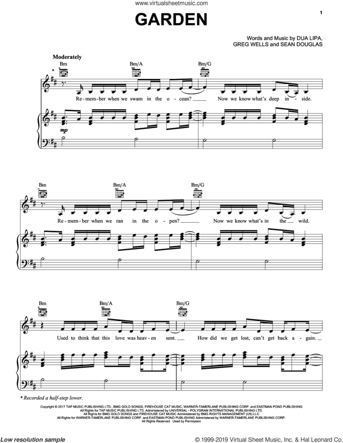 Garden sheet music for voice, piano or guitar by Dua Lipa, Greg Wells and Sean Douglas, intermediate skill level