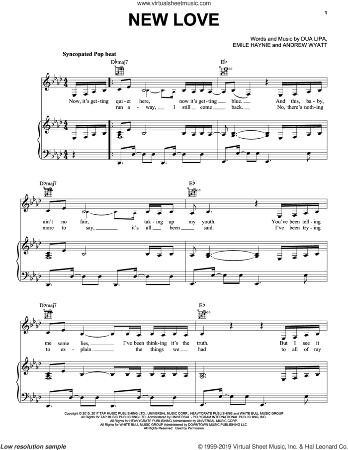 New Love sheet music for voice, piano or guitar by Dua Lipa, Andrew Wyatt and Emile Haynie, intermediate skill level