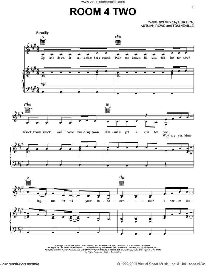 Room 4 Two sheet music for voice, piano or guitar by Dua Lipa, Autumn Rowe and Tom Neville, intermediate skill level