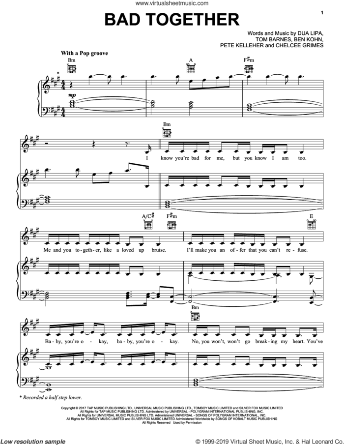 Bad Together sheet music for voice, piano or guitar by Dua Lipa, Ben Kohn, Chelcee Grimes, Pete Kelleher and Tom Barnes, intermediate skill level