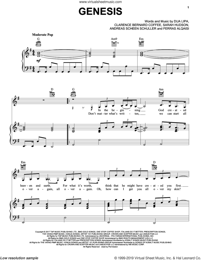 Genesis sheet music for voice, piano or guitar by Dua Lipa, Andreas Scheen Schuller, Clarence Bernard Coffee, Ferras Alqaisi and Sarah Hudson, intermediate skill level