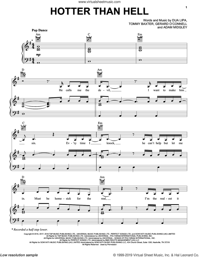 Hotter Than Hell sheet music for voice, piano or guitar by Dua Lipa, Adam Midgely and Tommy Baxter, intermediate skill level