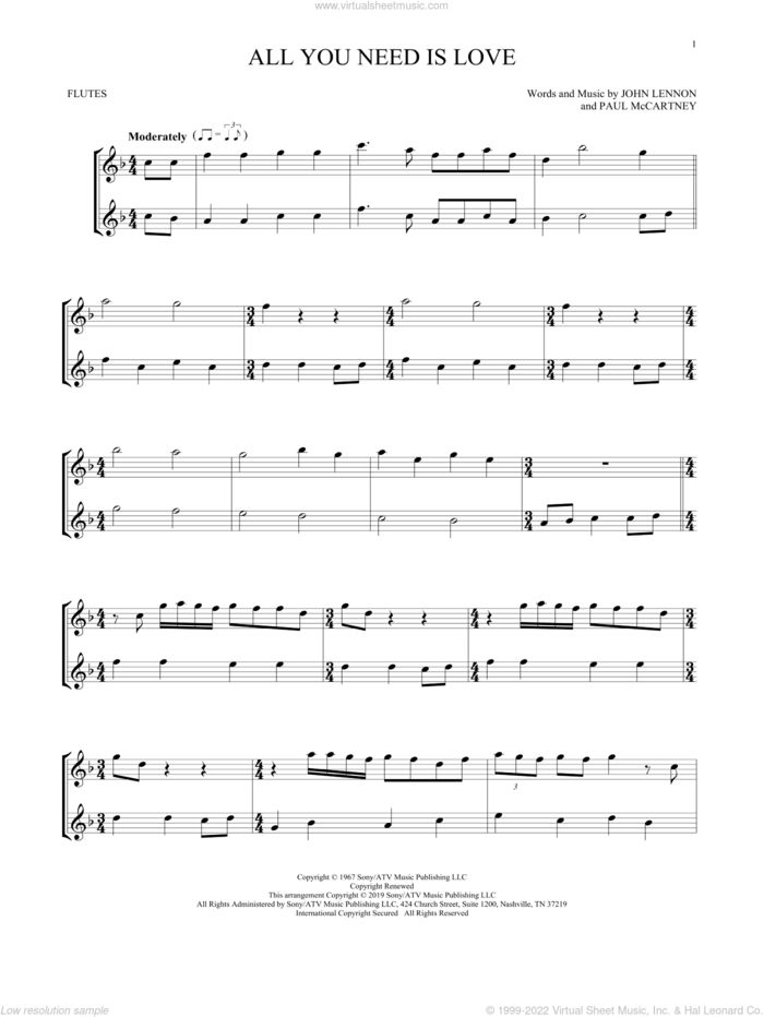 All You Need Is Love sheet music for two flutes (duets) by The Beatles, John Lennon and Paul McCartney, wedding score, intermediate skill level