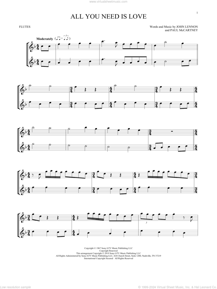 All You Need Is Love sheet music for two flutes (duets) by The Beatles, John Lennon and Paul McCartney, wedding score, intermediate skill level