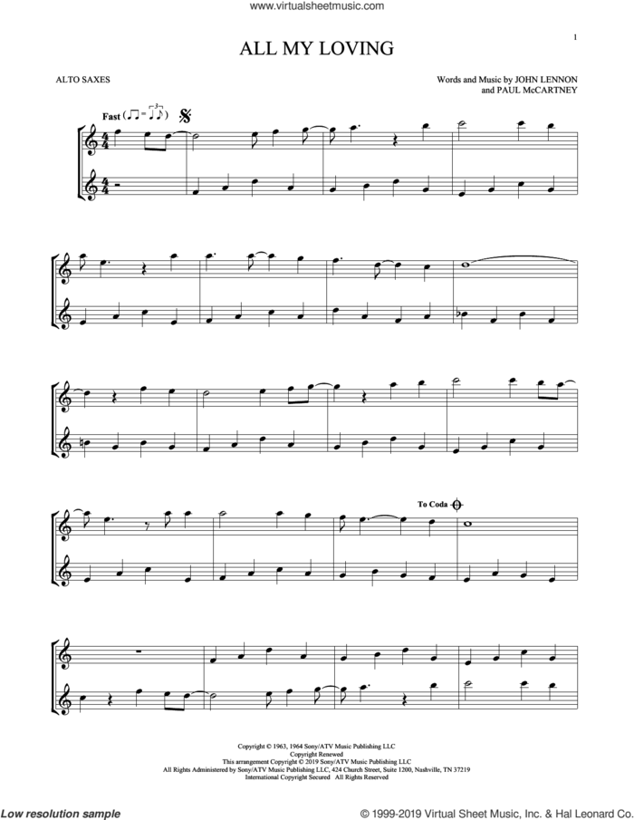 All My Loving sheet music for two alto saxophones (duets) by The Beatles, John Lennon and Paul McCartney, intermediate skill level