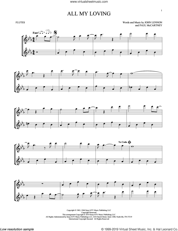 All My Loving sheet music for two flutes (duets) by The Beatles, John Lennon and Paul McCartney, intermediate skill level