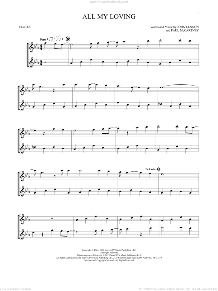 All My Loving sheet music for two flutes (duets) by The Beatles, John Lennon and Paul McCartney, intermediate skill level