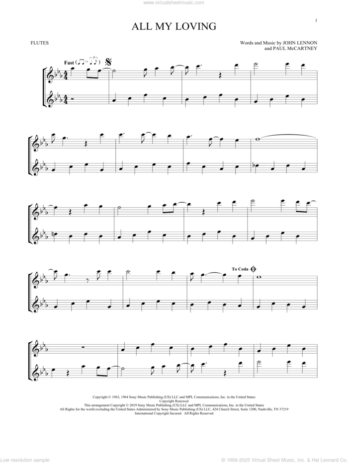 All My Loving sheet music for two flutes (duets) by The Beatles, John Lennon and Paul McCartney, intermediate skill level