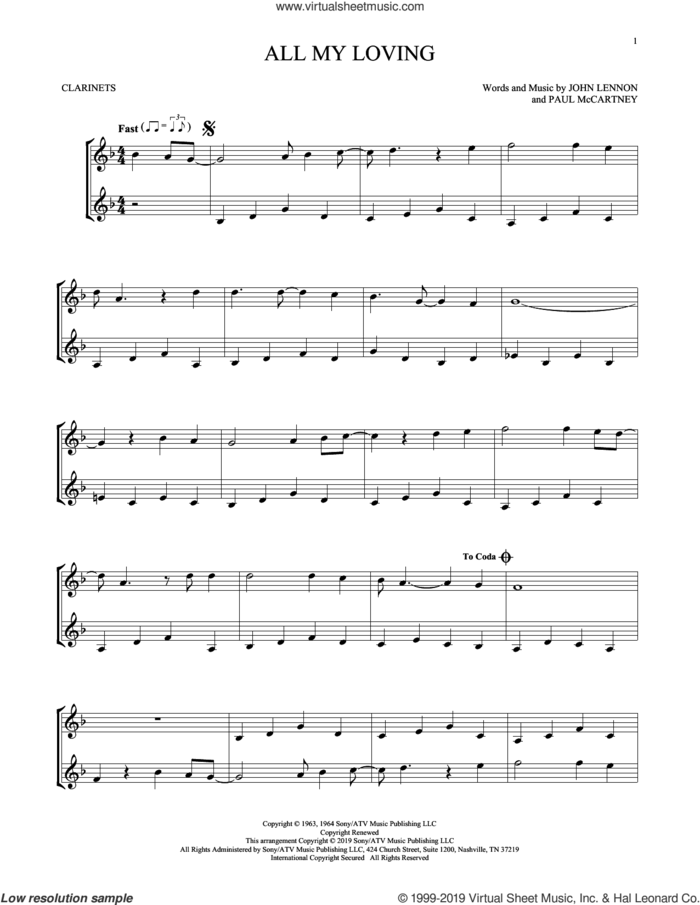 All My Loving sheet music for two clarinets (duets) by The Beatles, John Lennon and Paul McCartney, intermediate skill level