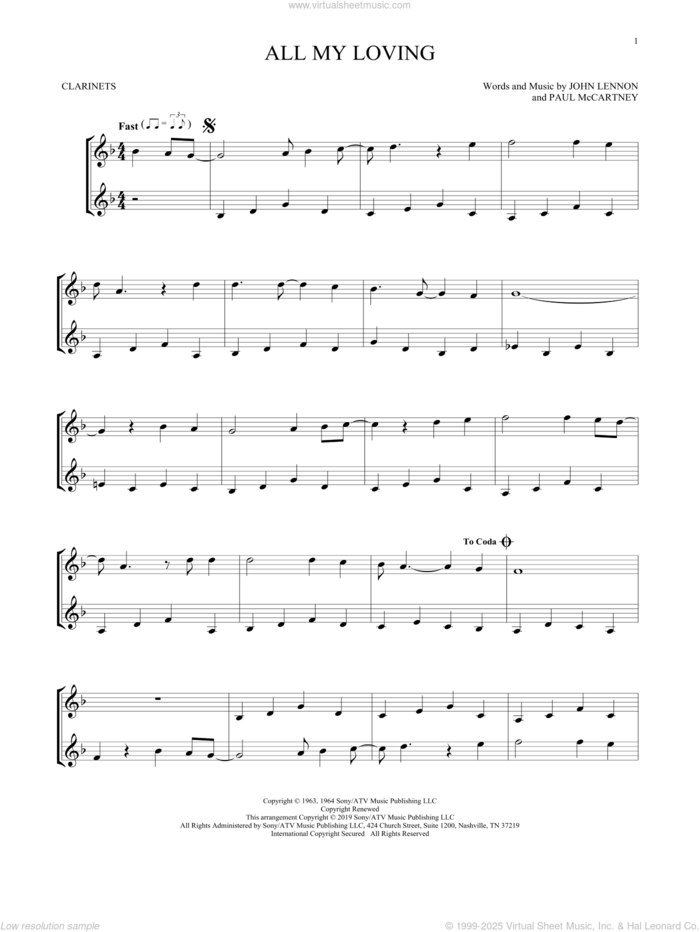 All My Loving sheet music for two clarinets (duets) by The Beatles, John Lennon and Paul McCartney, intermediate skill level