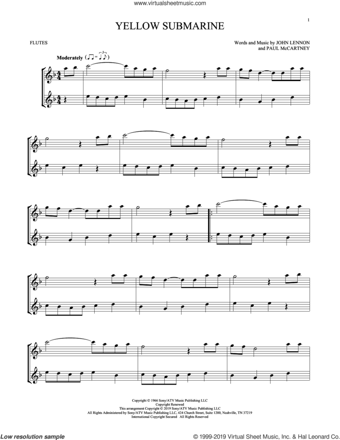 Yellow Submarine sheet music for two flutes (duets) by The Beatles, John Lennon and Paul McCartney, intermediate skill level