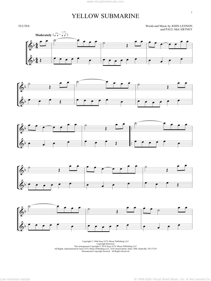 Yellow Submarine sheet music for two flutes (duets) by The Beatles, John Lennon and Paul McCartney, intermediate skill level