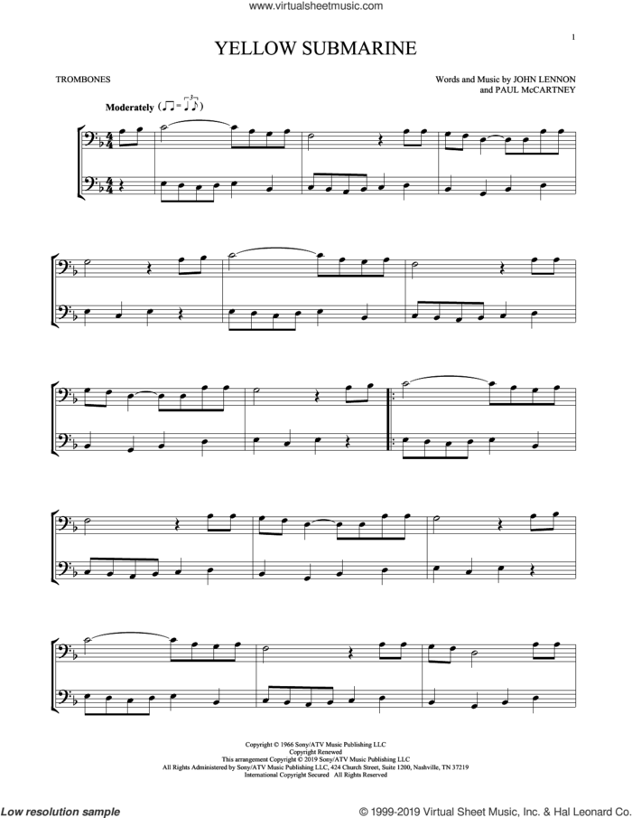 Yellow Submarine sheet music for two trombones (duet, duets) by The Beatles, John Lennon and Paul McCartney, intermediate skill level