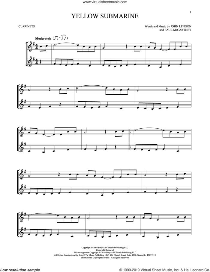 Yellow Submarine sheet music for two clarinets (duets) by The Beatles, John Lennon and Paul McCartney, intermediate skill level