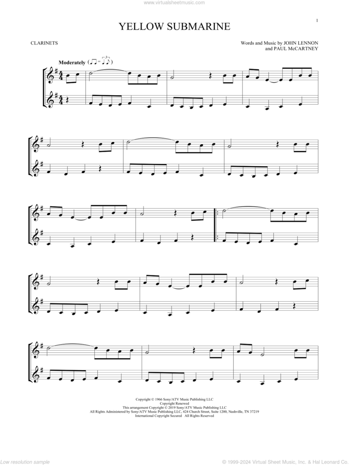 Yellow Submarine sheet music for two clarinets (duets) by The Beatles, John Lennon and Paul McCartney, intermediate skill level