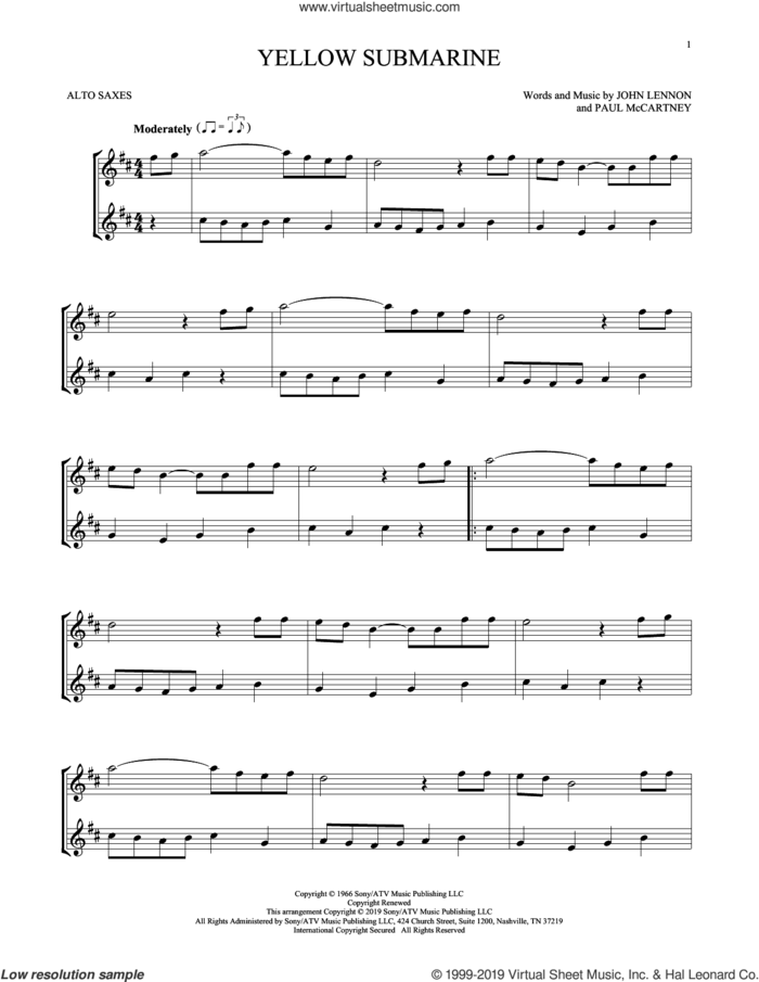 Yellow Submarine sheet music for two alto saxophones (duets) by The Beatles, John Lennon and Paul McCartney, intermediate skill level