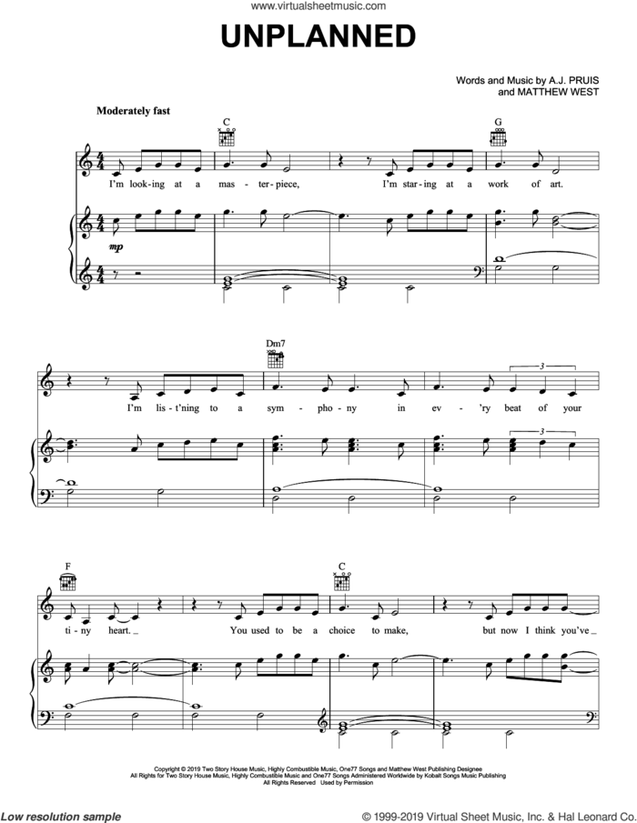 Unplanned sheet music for voice, piano or guitar by Matthew West and A.J. Pruis, intermediate skill level