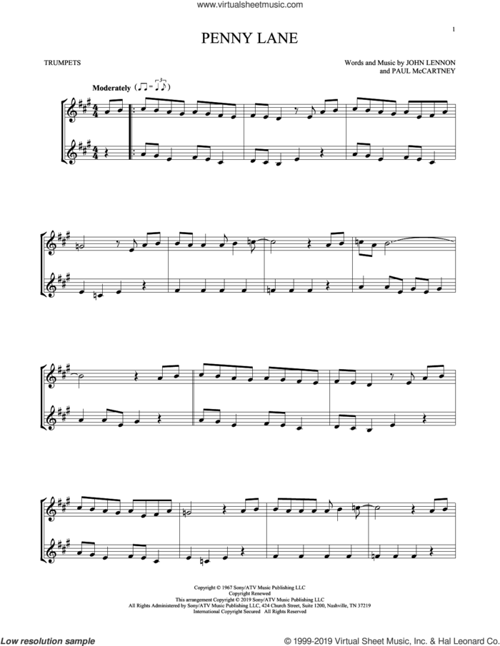Penny Lane sheet music for two trumpets (duet, duets) by The Beatles, John Lennon and Paul McCartney, intermediate skill level
