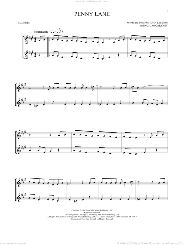 Penny Lane sheet music for two trumpets (duet, duets) by The Beatles, John Lennon and Paul McCartney, intermediate skill level