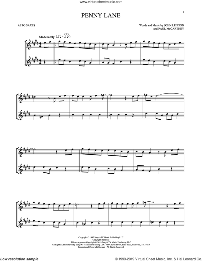 Penny Lane sheet music for two alto saxophones (duets) by The Beatles, John Lennon and Paul McCartney, intermediate skill level