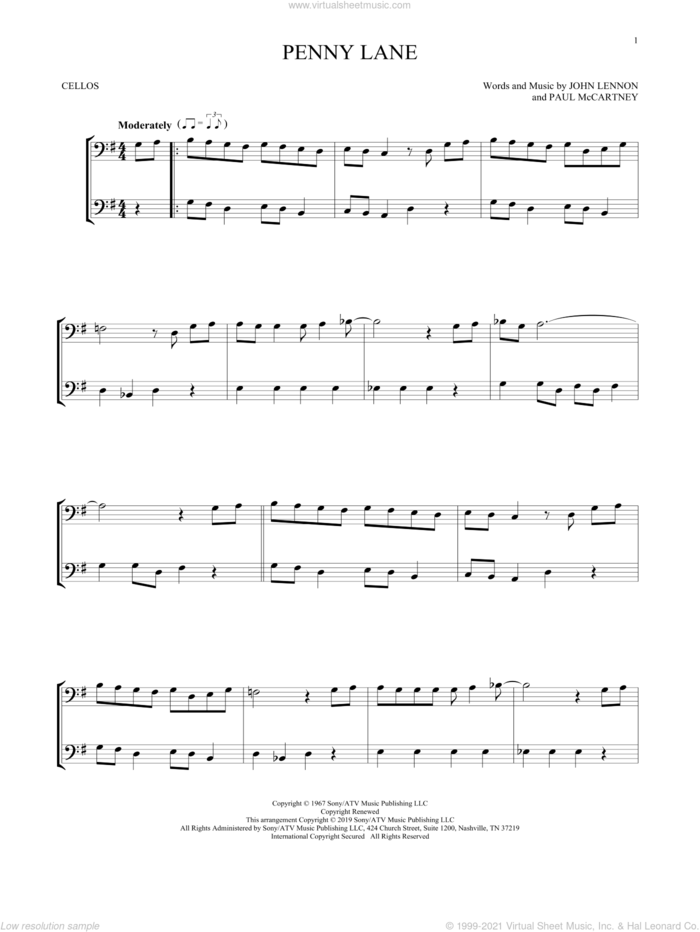 Penny Lane sheet music for two cellos (duet, duets) by The Beatles, John Lennon and Paul McCartney, intermediate skill level