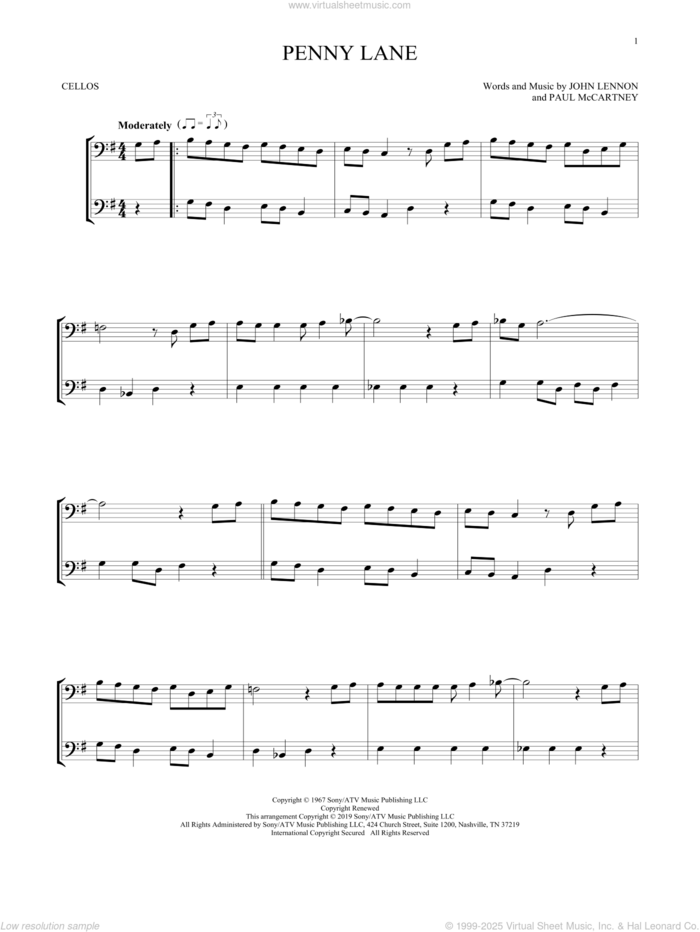 Penny Lane sheet music for two cellos (duet, duets) by The Beatles, John Lennon and Paul McCartney, intermediate skill level