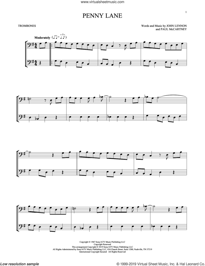 Penny Lane sheet music for two trombones (duet, duets) by The Beatles, John Lennon and Paul McCartney, intermediate skill level
