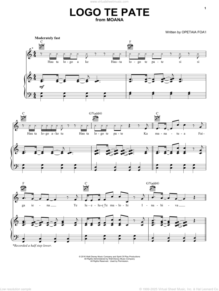 Logo Te Pate (from Moana) sheet music for voice, piano or guitar by Opetaia Foa'i, intermediate skill level