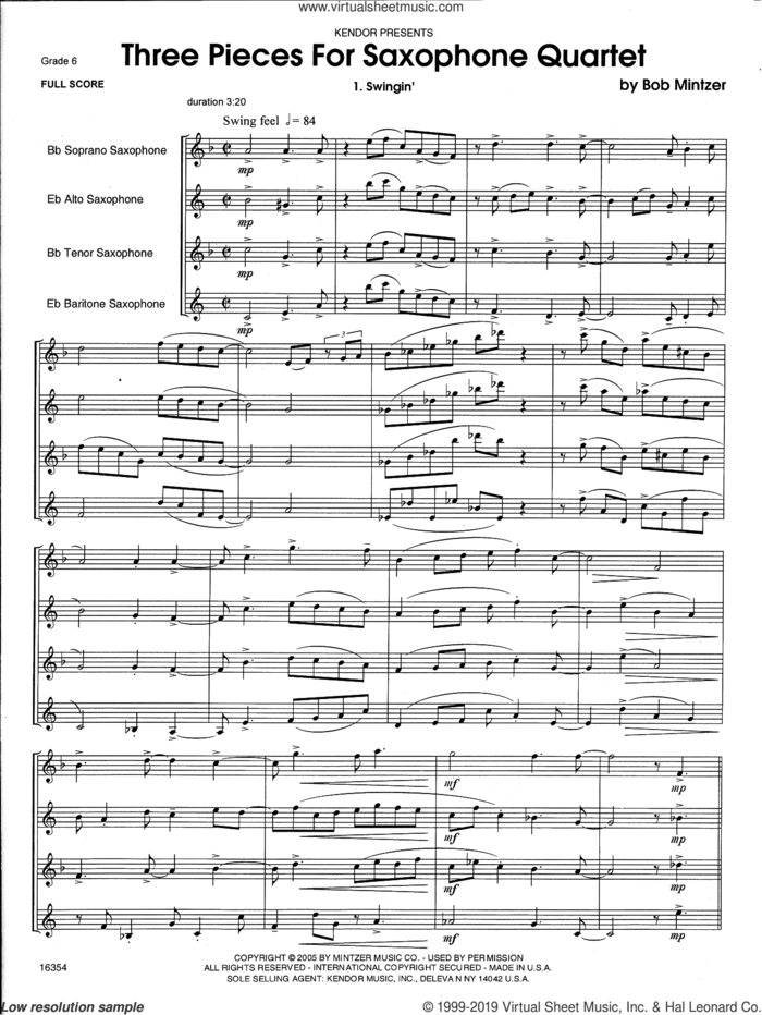 Three Pieces For Saxophone Quartet (COMPLETE) sheet music for saxophone quartet by Bob Mintzer, intermediate skill level