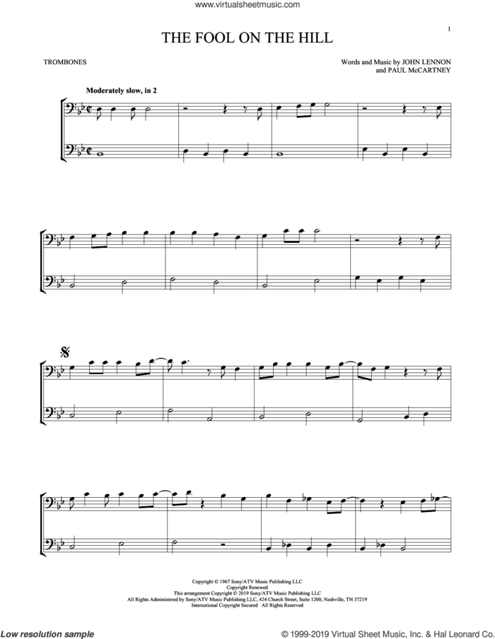 The Fool On The Hill sheet music for two trombones (duet, duets) by The Beatles, John Lennon and Paul McCartney, intermediate skill level