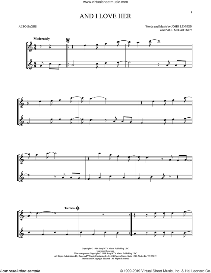And I Love Her sheet music for two alto saxophones (duets) by The Beatles, John Lennon and Paul McCartney, intermediate skill level