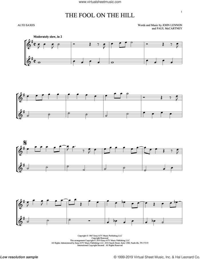The Fool On The Hill sheet music for two alto saxophones (duets) by The Beatles, John Lennon and Paul McCartney, intermediate skill level
