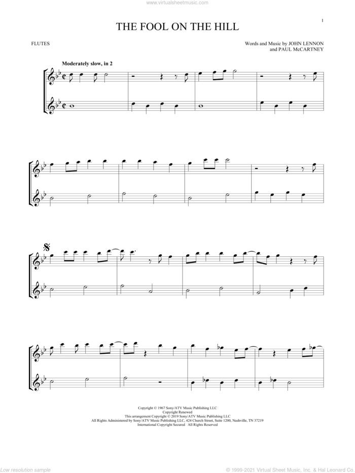 The Fool On The Hill sheet music for two flutes (duets) by The Beatles, John Lennon and Paul McCartney, intermediate skill level