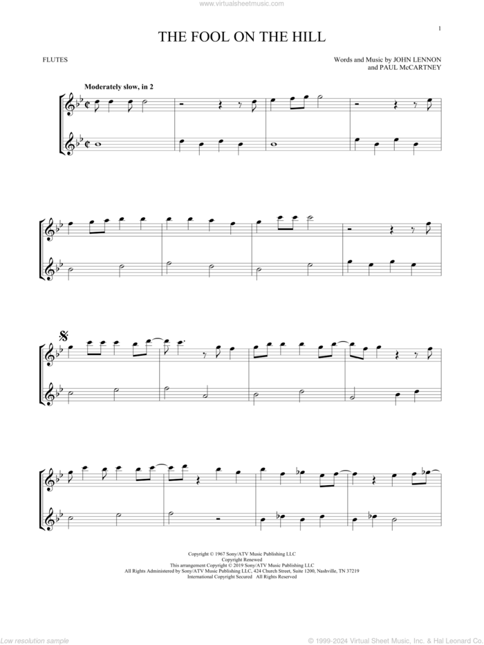 The Fool On The Hill sheet music for two flutes (duets) by The Beatles, John Lennon and Paul McCartney, intermediate skill level