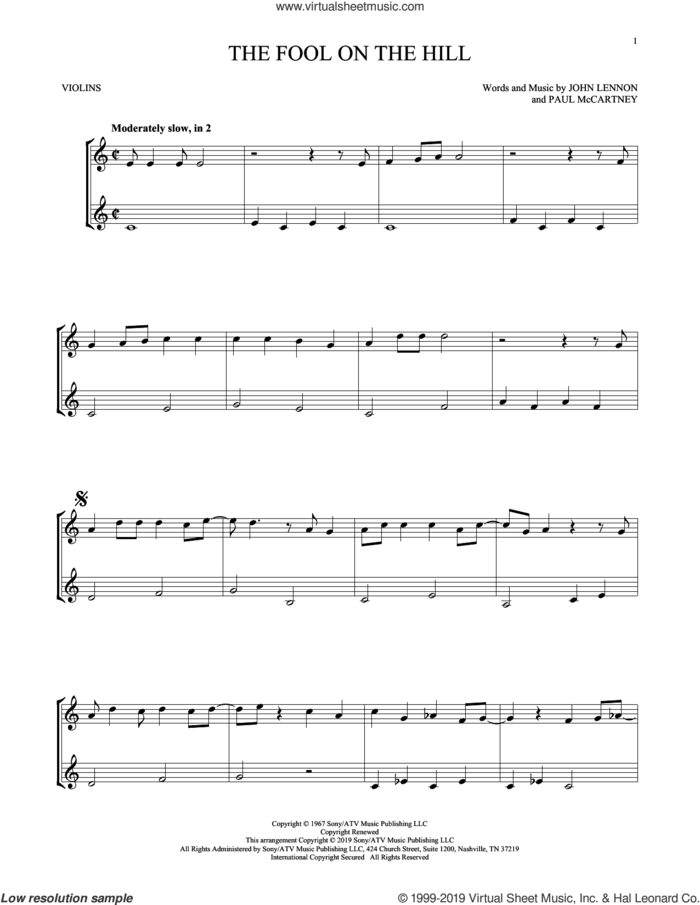The Fool On The Hill sheet music for two violins (duets, violin duets) by The Beatles, John Lennon and Paul McCartney, intermediate skill level
