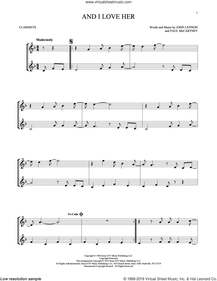 And I Love Her sheet music for two clarinets (duets) by The Beatles, John Lennon and Paul McCartney, intermediate skill level