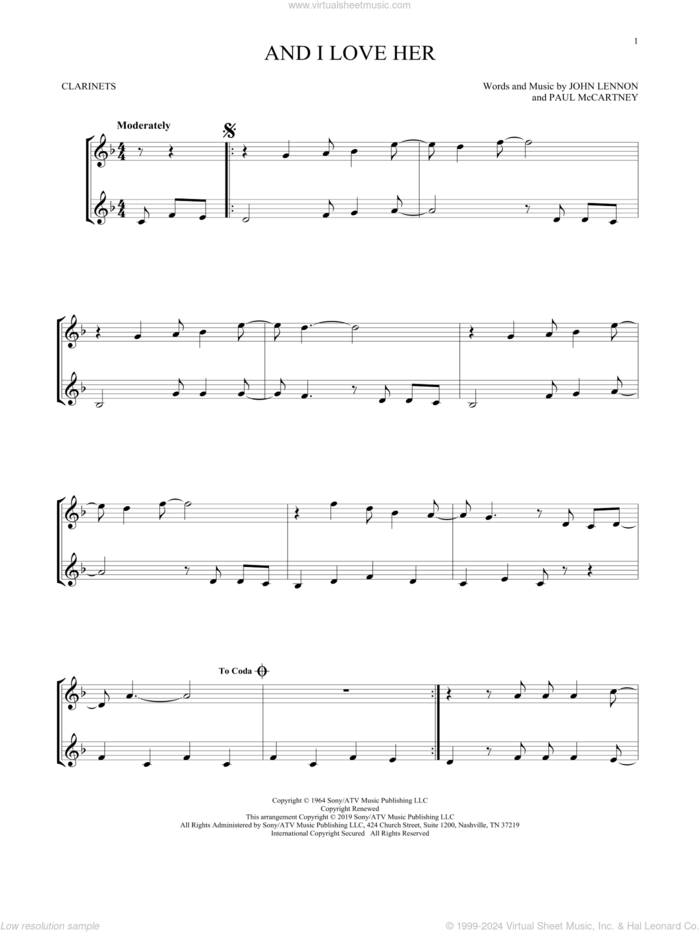 And I Love Her sheet music for two clarinets (duets) by The Beatles, John Lennon and Paul McCartney, intermediate skill level