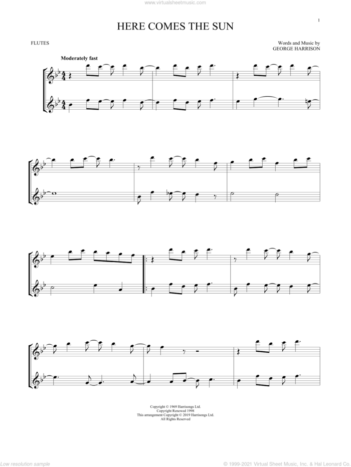 Here Comes The Sun sheet music for two flutes (duets) by The Beatles and George Harrison, intermediate skill level