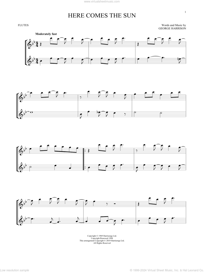 Here Comes The Sun sheet music for two flutes (duets) by The Beatles and George Harrison, intermediate skill level