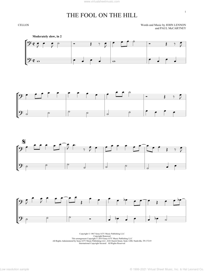 The Fool On The Hill sheet music for two cellos (duet, duets) by The Beatles, John Lennon and Paul McCartney, intermediate skill level