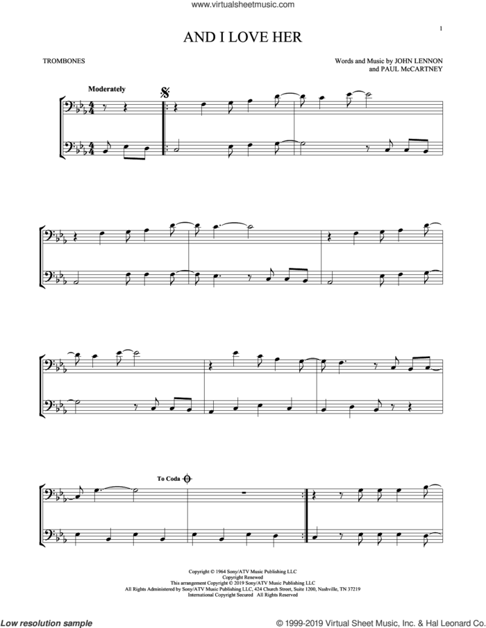 And I Love Her sheet music for two trombones (duet, duets) by The Beatles, John Lennon and Paul McCartney, intermediate skill level
