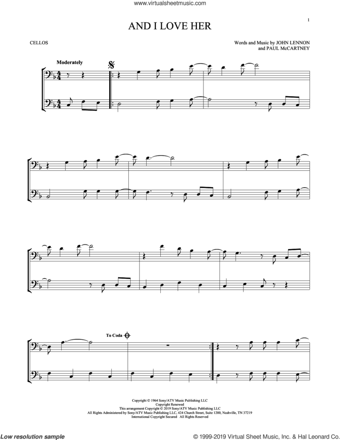 And I Love Her sheet music for two cellos (duet, duets) by The Beatles, John Lennon and Paul McCartney, intermediate skill level