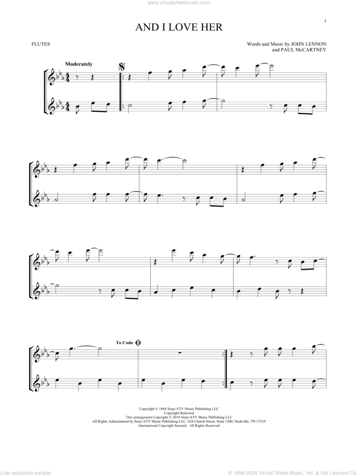 And I Love Her sheet music for two flutes (duets) by The Beatles, John Lennon and Paul McCartney, intermediate skill level