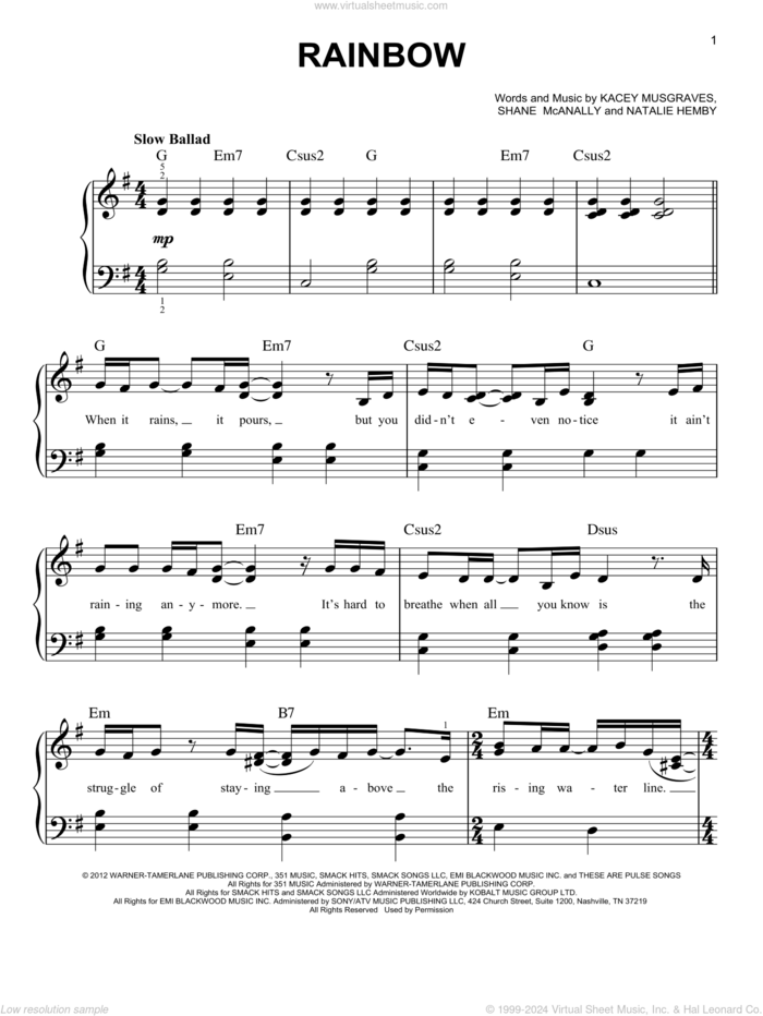 Rainbow, (easy) sheet music for piano solo by Kacey Musgraves, Natalie Hemby and Shane McAnally, easy skill level