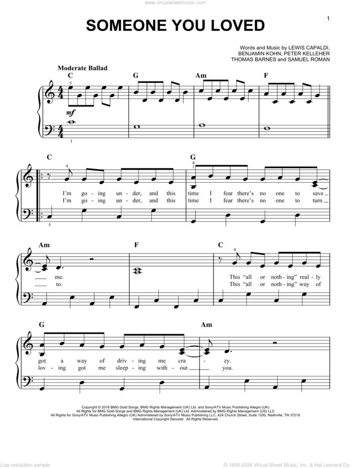 Someone You Loved, (easy) sheet music for piano solo by Lewis Capaldi, Benjamin Kohn, Peter Kelleher, Samuel Roman and Thomas Barnes, easy skill level