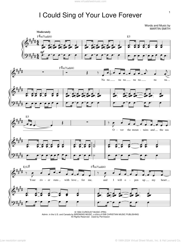 I Could Sing Of Your Love Forever sheet music for voice and piano by Delirious?, Passion Band and Martin Smith, wedding score, intermediate skill level