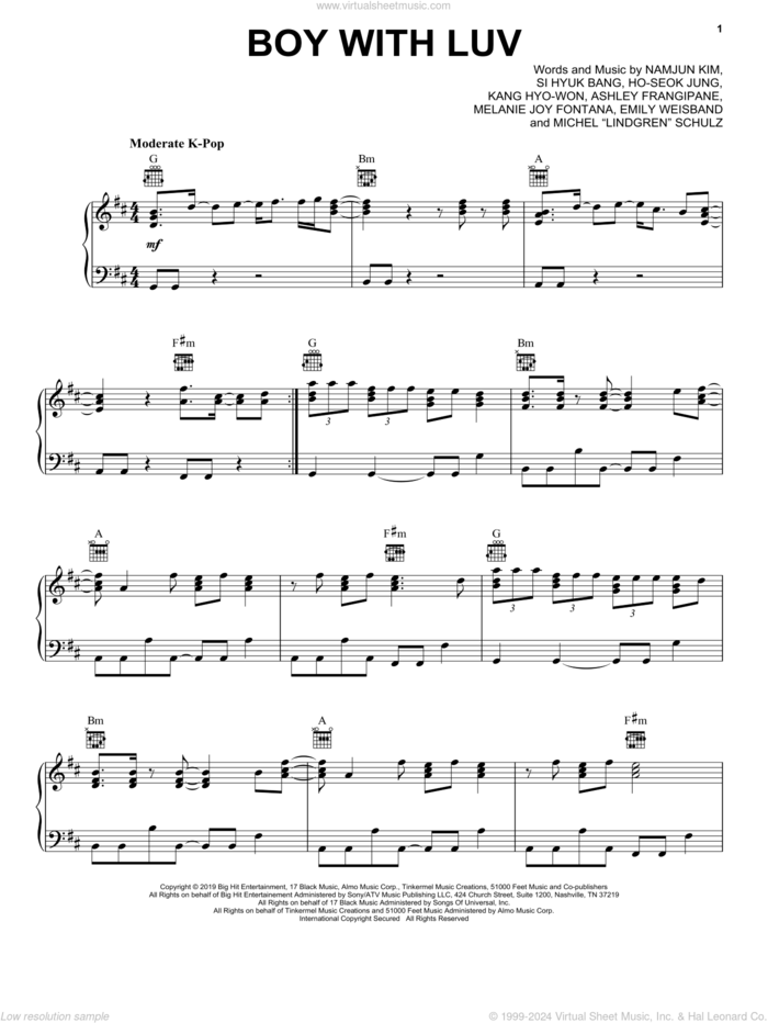 Boy With Luv (feat. Halsey) sheet music for piano solo by BTS, Ashley Frangipane, Emily Weisband, Ho-seok Jung, Kang Hyo-won, Melanie Joy Fontana, Michel 'Lindgren' Schulz, Namjun Kim and Si Hyuk Bang, intermediate skill level