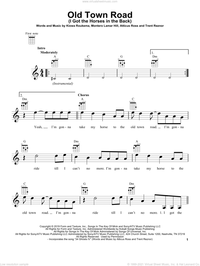 Old Town Road (I Got The Horses In The Back) sheet music for ukulele by Lil Nas X, Lil Nas X feat. Billy Ray Cyrus, Atticus Ross, Kiowa Roukema, Montero Lamar Hill and Trent Reznor, intermediate skill level